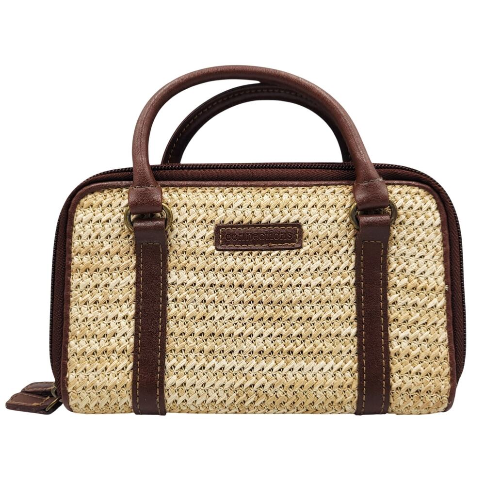Connections Tan & Brown Woven Raffia Straw Double Handle Mini Wallet Bag